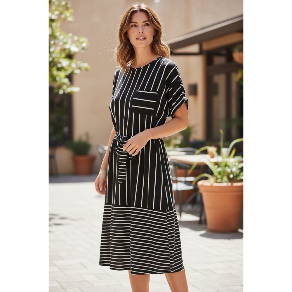 Hailey & Co. Black & White Striped Dress | Tie Waist | Made in USA